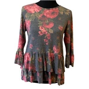 Chris & Carol Gray & Pink Floral Long Sleeve Peplum Top Women’s Size Small